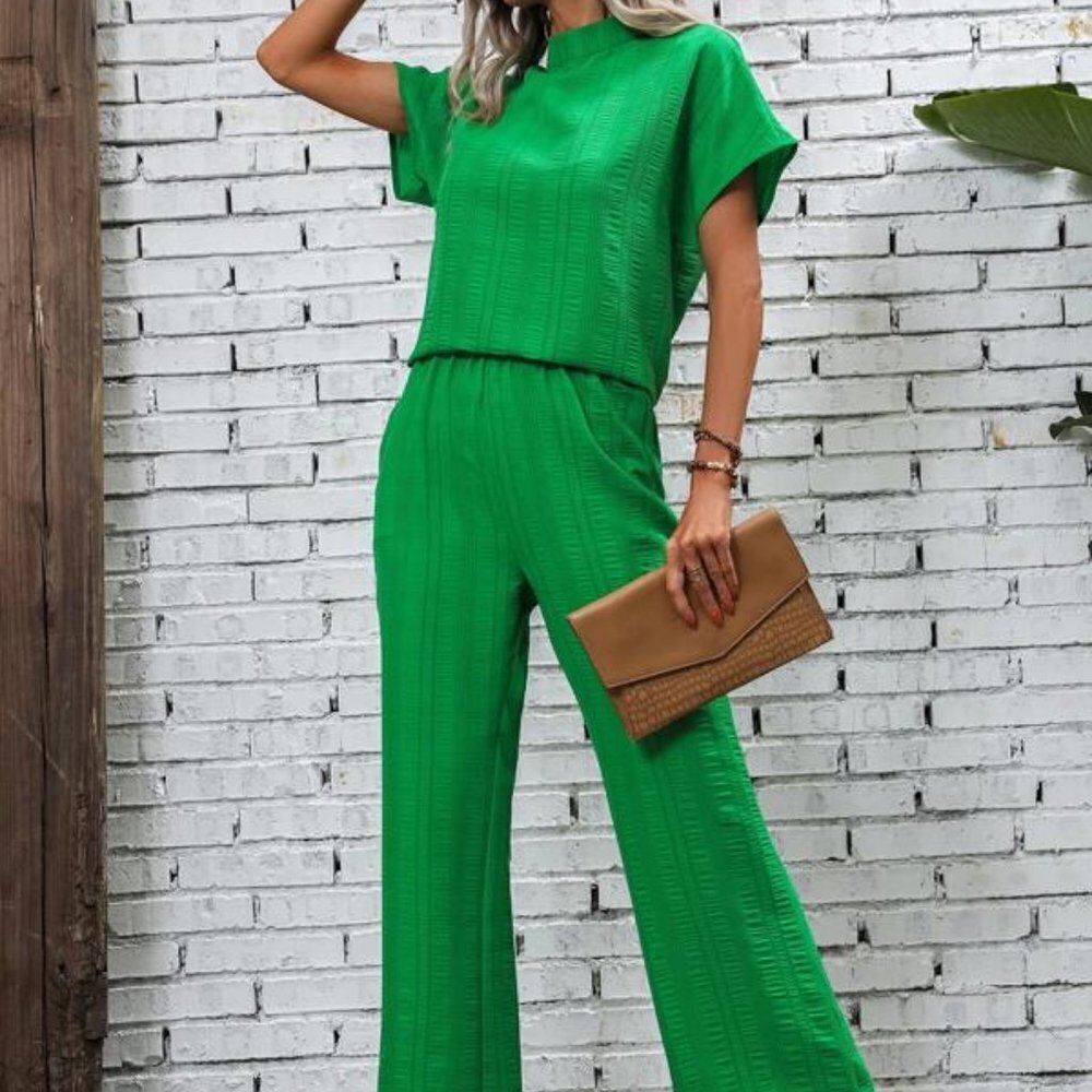 Solid Batwing Sleeve Top & Wide Leg Pants